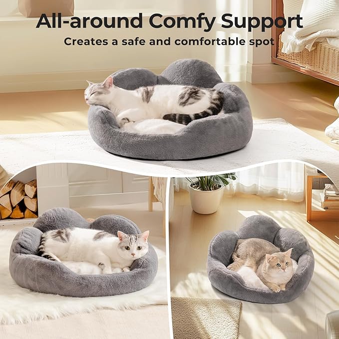 MEWOOFUN Cat Bed Kitten Bed, Washable Cat Bed for Indoor Cats Cute Cat Couch, Fluffy Flower Cat Sofa Bed, Pet Bed with Non-Slip Bottom, Small Dog Bed for Puppy and Kitten(Grey, 23")