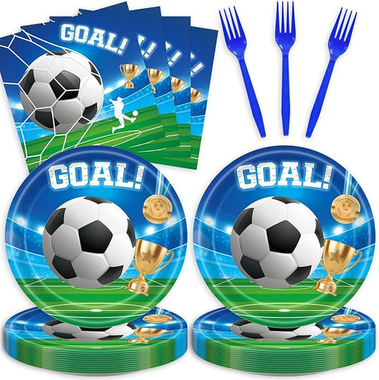 48Pcs Soccer Birthday Party Decorations Sports Theme Tableware Set Football Disposable Plates Napkins Forks Serves 16 Men’s Boy’s Soccer Birthday Party Decorations