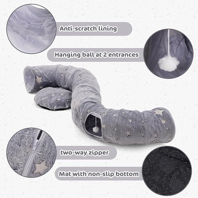 Cat Tunnel Bed 3 FT Collapsible Cat Tunnels, Cat Donut Tube with Fluffy Toy Balls, Pom Pom Ball & Cat Mice Cat Toy, Self-Luminous Peekaboo Cat Cave for Large Cats, Small Animals, Puppy, Kitten