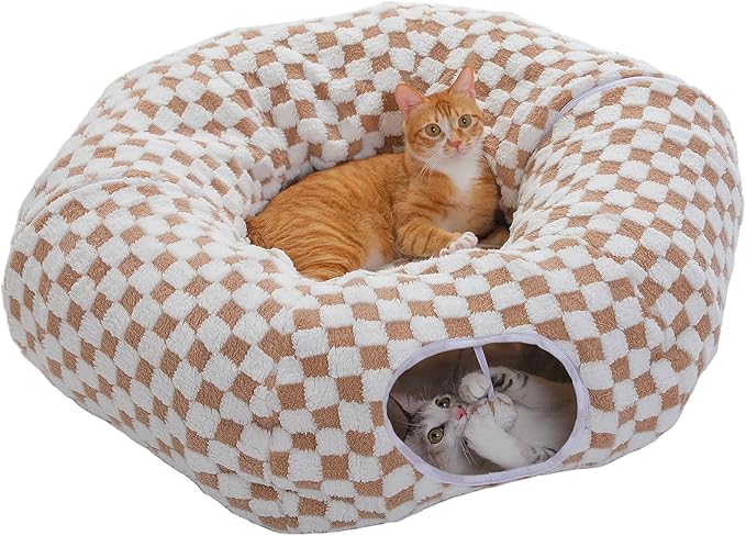 PEQULTI Cat Tunnel with Cat Bed for Indoor Cats, Cat Play Donut Tunnel with Washable Soft Plush Mat, Round Cat Tunnel Toys Cute Cat Tube for Kittens, Puppies, Rabbits and Ferrets, Brown