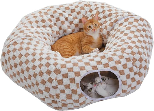 PEQULTI Cat Tunnel with Cat Bed for Indoor Cats, Cat Play Donut Tunnel with Washable Soft Plush Mat, Round Cat Tunnel Toys Cute Cat Tube for Kittens, Puppies, Rabbits and Ferrets, Brown