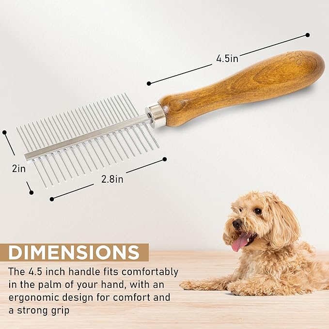 Takavu Metal Dog Comb for Removes Tangles and Knots, Cat Comb for Removing Matted Fur, Stainless Steel Smooth Round Teeth Grooming Tool with Wooden Handle for Grooming Pets Hair