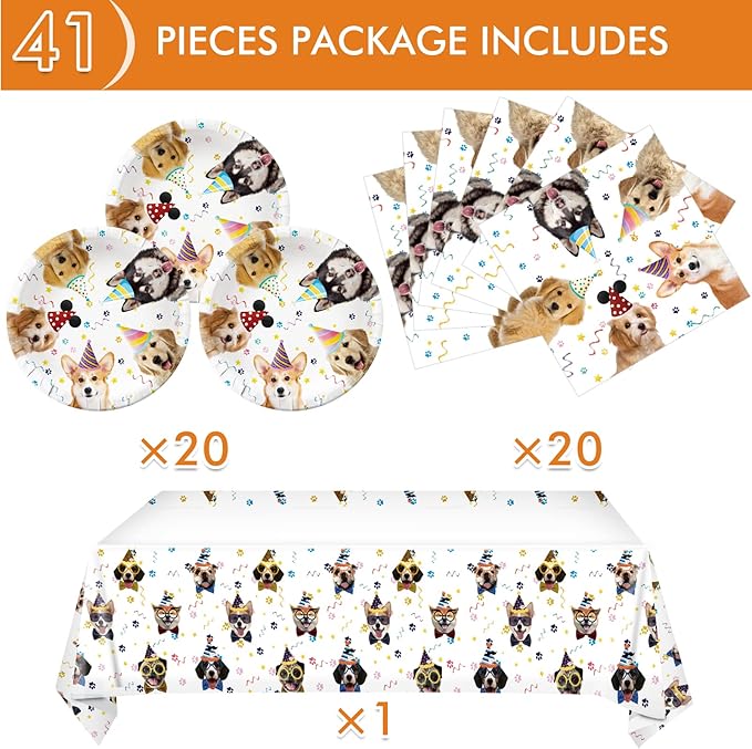 41 Pieces Dog Birthday Party Supplies, Puppy Party Tableware for Kids Party Decorations Includes 20 Plates 20Napkins and 1 Tablecloth for Puppy Theme Party Supplies