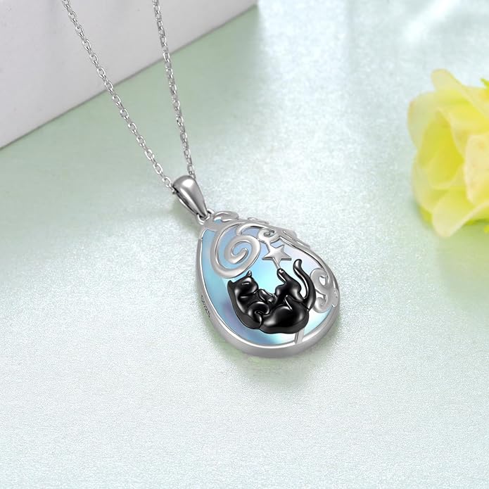 Black Cat Necklace 925 Sterling Silver Moonstone Black Cat Necklace Moonstone Cat Jewelry Gifts for Women