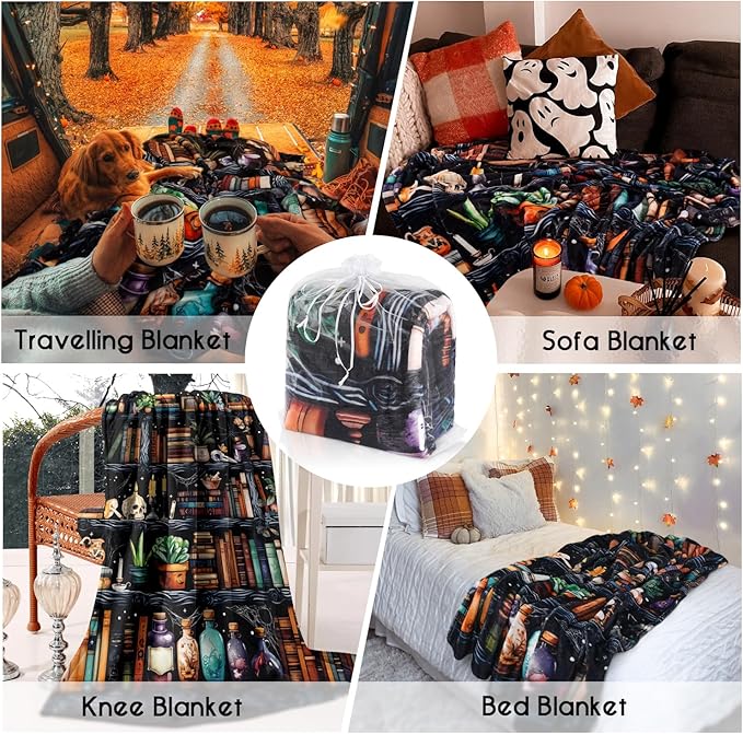 Book Lovers Blanket,Halloween Witches Bookshelf Skulls Black Cat Potions Fleece Blankets for Women Flannel Throw Blanket for Home Living Room Couch Bed Chair or Dorm Decor 60"x50"