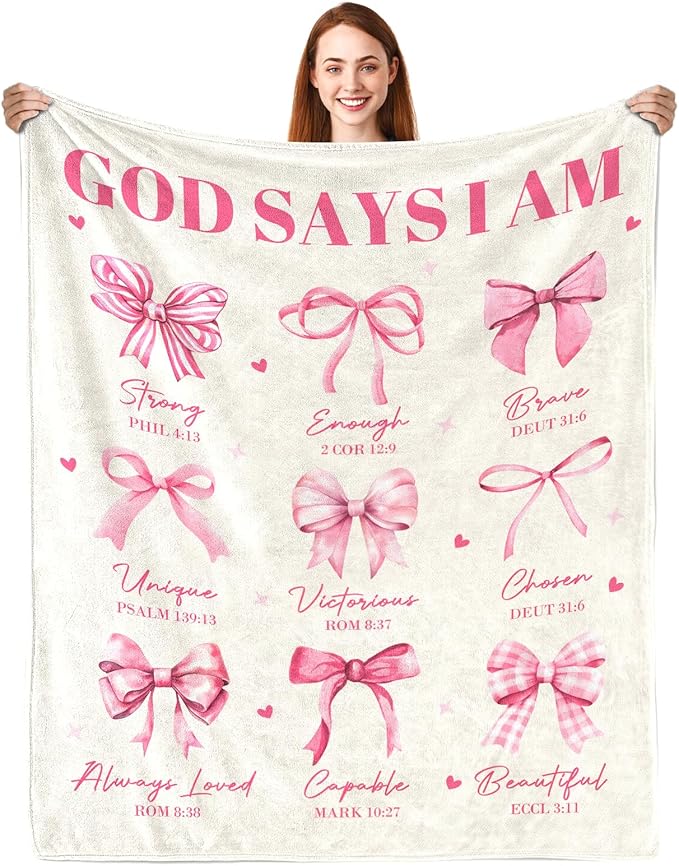 Christian Gifts for Women, God Says I Am Throw Blanket 80"X60", Inspirational Religious Birthday Gifts for Coquette Pink Bow Bible Verse Blanket, Christian Faith Jesus God Prayer Gift for Christmas