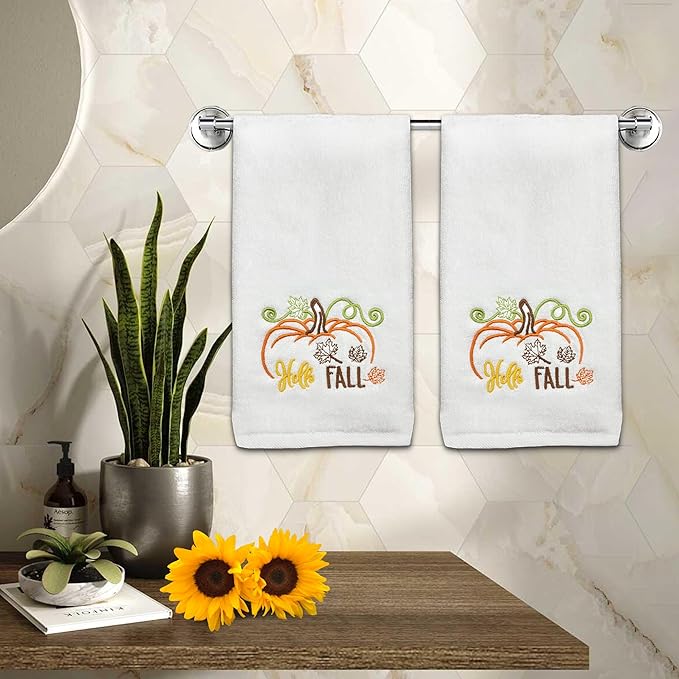 Hexagram Fall Hand Towels Set of 2, Hello Fall Bathroom Embroidered Towels, Pumpkin Hand Towel for Bathroom 14" x 30", Autumn Decorations for Home