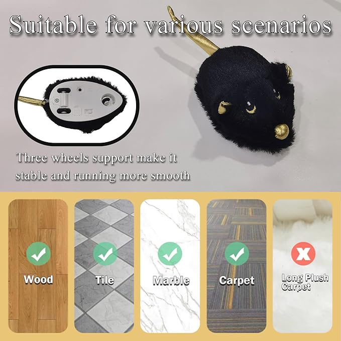 Cat Toys Squeaky Rechargeable Moving Mouse with Dynamic Magic Tail, Automatic Self Play Mouse Interactive Cat Toy for Indoor Cats, Kitten's Electric Multi-Mode Activated Mouse Toy (Black)