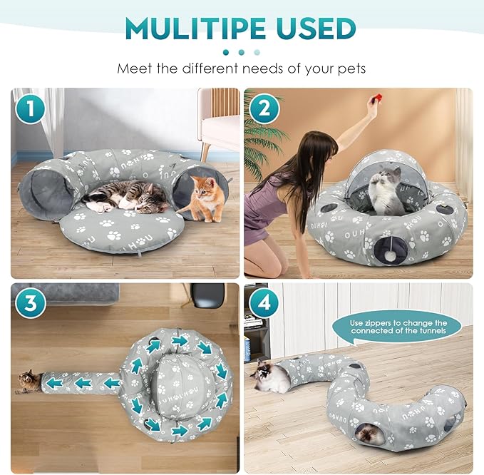 Cat Tunnel Bed, Cat Tunnels for Indoor Cats, Peekaboo Cat Cave, Cat Donut Tunnel with Awning, Mat, 4 Balls and 6 Peek Holes, Cat Tubes for Kitten，Bunny, Puppy or Small Animals