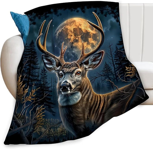 Deer Moon Hunting Print Blanket Wild Animal Country Nature Night Throw Blankets Gifts for Couch Sofa Bed Stuff Decor Soft Cozy Fleece Plush Warm Flannel Bedding for Lover Men Women 50"x60"
