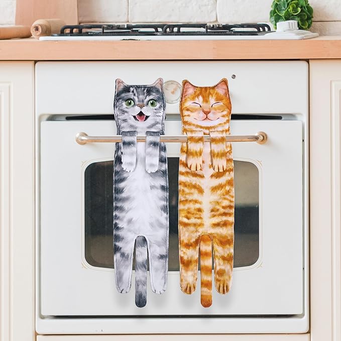 Cat Hand Towels for Kitchen Bathroom - Cute Cat Decor Gadgets - Hanging Soft Absorbent Hand Face Towel - Funny Birthday Mothers Day Housewarming Holiday Unique Gifts for Women Mom Lady Cat Lovers