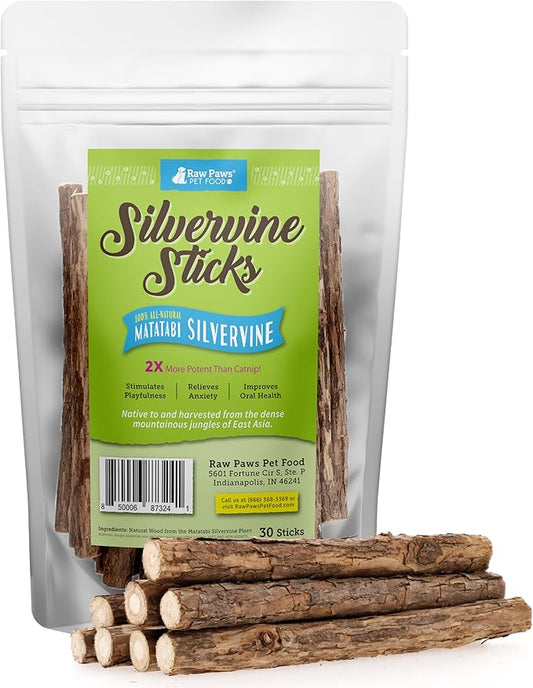 Raw Paws Silvervine Sticks for Cats, 30 (Pack) - Silvervine Cat Toy for Indoor Cats, Catnip Sticks, Matatabi Cat Chew Stick, Silvervine for Cats, Silver Vine Sticks Cats Kicker Toy, Cat Toy Silvervine