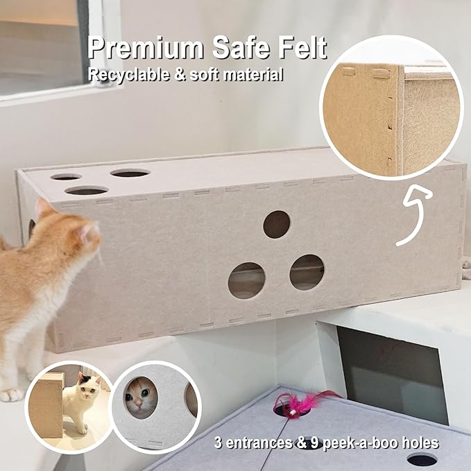 Cat Tunnel, Aberatail Cat Hideaway Tunnels for Indoor Cats, Soft Felt Cat Toy with Interactive Peek Hole, Cat Cave and Cube for Small Medium Large Cats