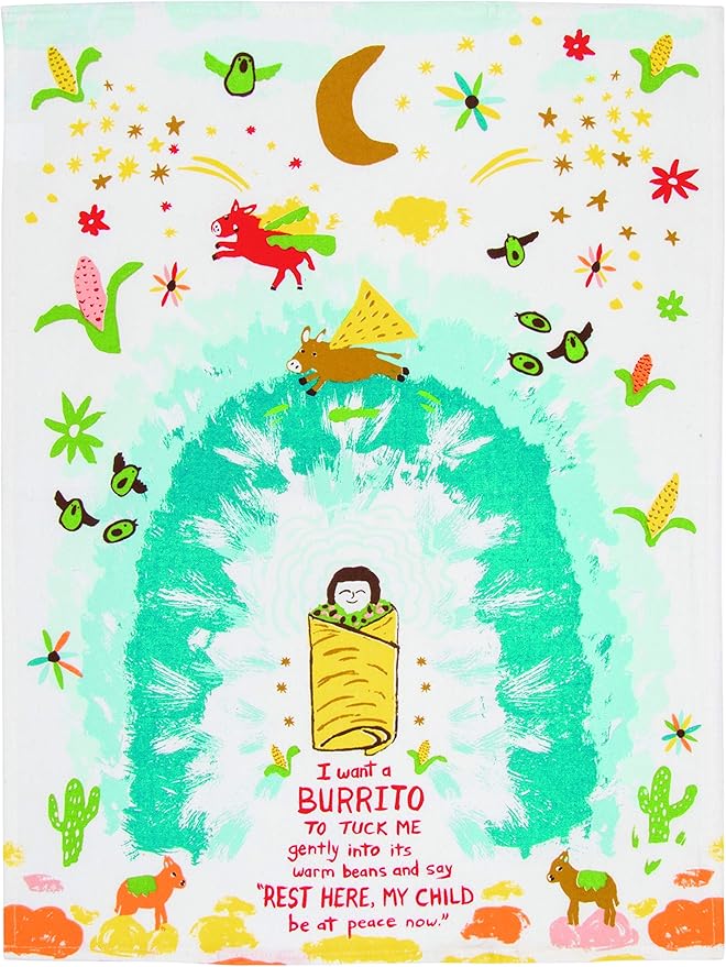 Blue Q Dish Towel, I Want a Burrito to Tuck Me Gently Into It's Warm Beans...100% Cotton, Funny and Functional, Screen-Printed in Rich Vibrant Colors, 28" h x 21" w
