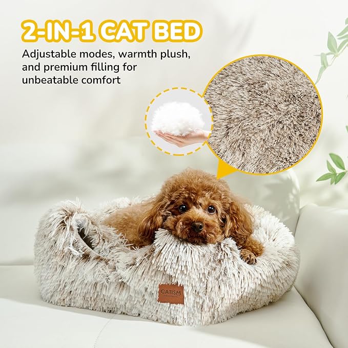 CATISM Cat Bed, Cat Cave for Indoor Cats, Soft Cat Dome, Self-Warming 2 in 1 Foldable Pet Cat House with Washable Cushioned Pillow Calming Fluffy Dog Beds for Small Dogs with Anti-Slip Bottom Brown