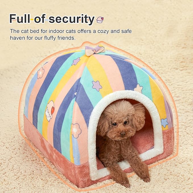 Jiupety Cat Beds for Indoor Cats, Cute Cat House for Cats and Puppy, Cat Cave Bed with Removable Cushion, Large Cat Bed Cat Hideaway Cat Tent, 2-in-1 Pink Cat Bed, L(19" × 19" × 19"), Rainbow.