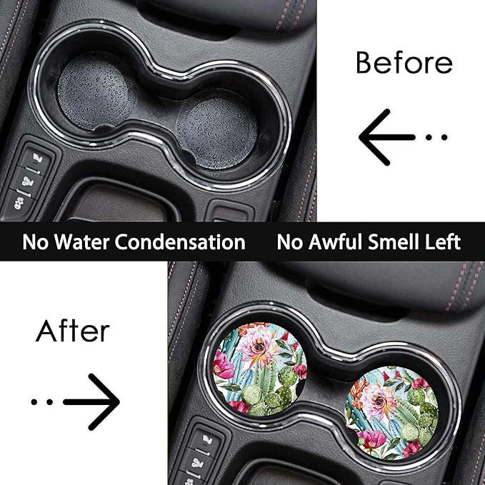Cactus Pink Roses Flowers Car Coasters for Cup Holders, Car Accessories, 2 Pack Absorbent Ceramic Car Cup Holder Coasters for Drinks, for Women Men, Universal Non-Slip with Finger Notch