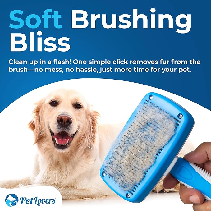 PetLovers EzSlicker Self-Cleaning Brush - Dog Brush for Shedding, Gentle Slicker Brush for Cats, Tangle-Free Grooming Comb with Soft Bristles & Ergonomic Handle for Stress-Free Grooming (White)