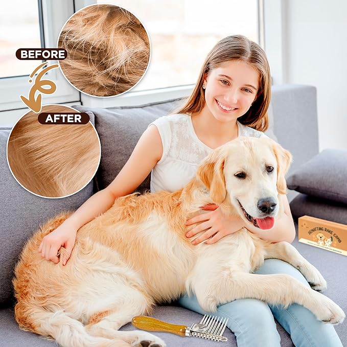 TAKAVU Dematting Fur Rake Comb Brush for Dogs and Cats, Safety Steel Blades Detangling Pet Brush, Undercoat Grooming Brush Cutting and Removing Dead Matted Knotted Hair for Doodles Poodles Terrier