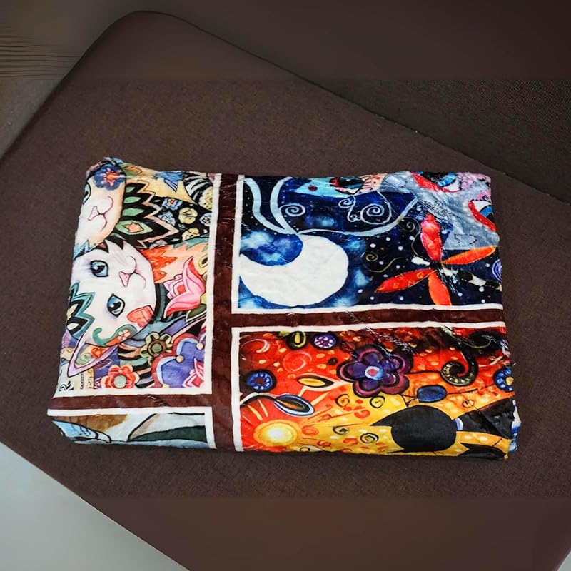 Throw Blanket - Colorful Cat Design Boho Blanket, Ultra Soft Rustic Quilt For Sofa, Couch, Bed, Bath Towels - Lightweight Bohemian Blankets - Cute Decorative Throw Coverlet (59x71 inch)