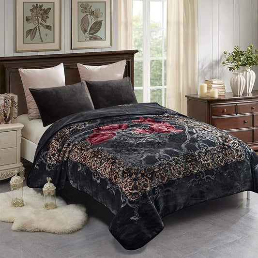 JML Fleece Blanket King Size, Heavy Korean Mink, 85 X 95 Inches, 9 Lbs, Soft and Warm, Thick Raschel Printed Mink for Autumn, Winter, Bed, Home, Gifts, Grey Flower