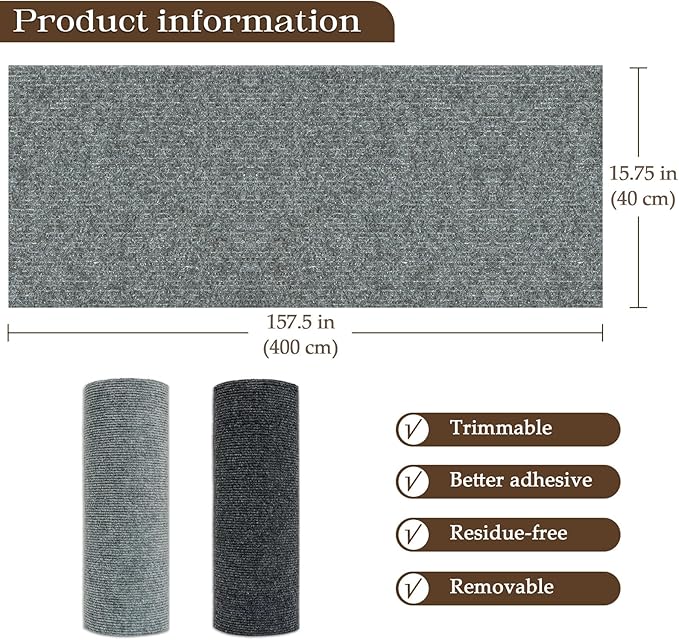 Cat Scratching Mat, 157.5"x15.7" Cat Carpet Self-Adhesive Carpet Mat Trimmable Replacement for Cat Tree, Cat Wall Scratcher, Cat Scratching Post, Shelves Couch Furniture DIY Protector, Light Grey