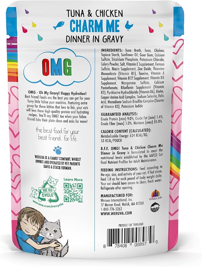 Weruva B.F.F. OMG - Best Feline Friend Oh My Gravy! Tuna & Chicken Charm Me with Tuna & Chicken in Gravy Cat Food, 3oz Pouch (Pack of 12)