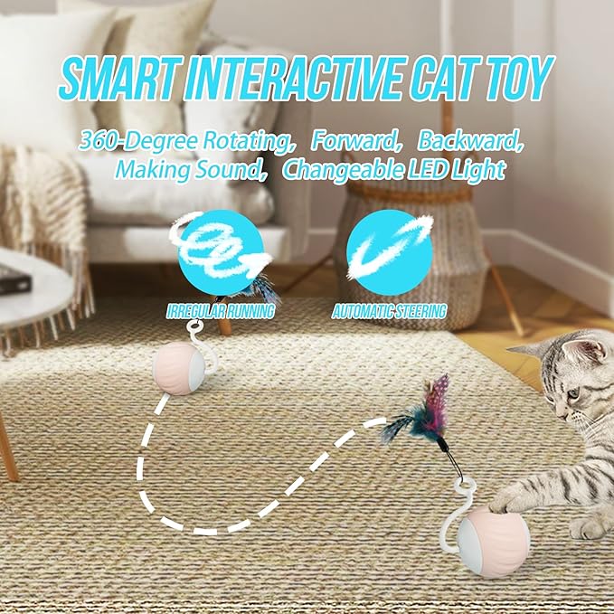 Turbo Tail Cat Toy Interactive Cat Balls Cat Toys For Indoor Cats, Turbo Tail Mouse Cat Toy With LED Rainbow Lights Feathers & USB Charging Cable, Touch Control And Sound Control Smart Cat Ball Toy