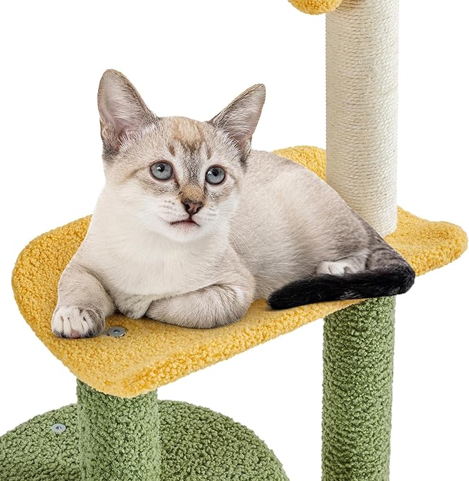 Yaheetech Cat Scratching Post, 37in Cute Coconut Palm Cat Scratcher w/Natural Sisal Rope, Coco Leaf, Dangling Pompom, Bending Perch, Cozy Condo Cat Scratching for Indoor Cats, Green/Yellow