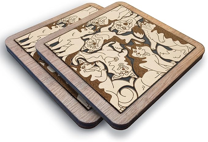 02 Siberian Husky Dog Coaster - Husky Dog Puzzle Wooden Coaster Set - Interlocking Jigsaw Drink Mats with Laser-Cut Design for Husky Lovers