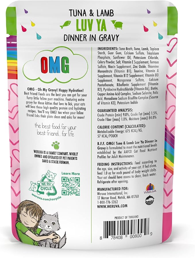 Weruva B.F.F. OMG - Best Feline Friend Oh My Gravy!, Tuna & Lamb Luv Ya with Tuna & Lamb in Gravy Cat Food, 3oz Pouch (Pack of 12)