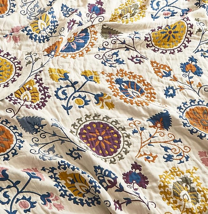 MEJU Bohemia Mandala Boho Paisley Southwest Datura Flower Throw Blanket for Bed Sofa Couch, 100% Combed Cotton 4 Layer Soft Warm Quick Dry Reversible Throw Blanket Bed Coverlet Sheet F/Q 80 in x 90 in