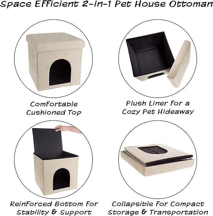 Pet House Ottoman - Collapsible Multipurpose Small Dog or Cat Bed Cube and Footrest with Cushion Top and Interior Pillow by PETMAKER (Microsuede Tan)