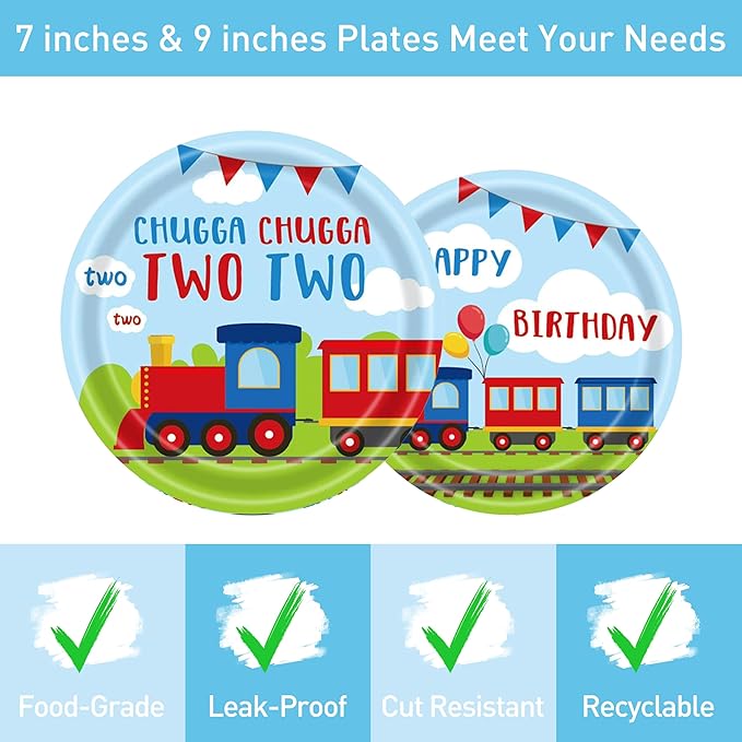 96 Pcs Train Party Plates Napkins Forks Supplies Favors Tableware Set Disposable Paper Chugga Chugga Two Two 2nd Birthday Decorations, Serves 24 Guests