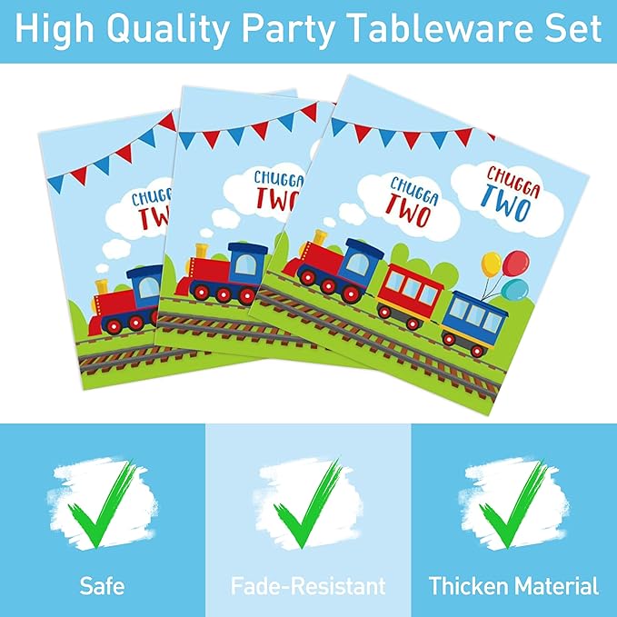 96 Pcs Train Party Plates Napkins Forks Supplies Favors Tableware Set Disposable Paper Chugga Chugga Two Two 2nd Birthday Decorations, Serves 24 Guests