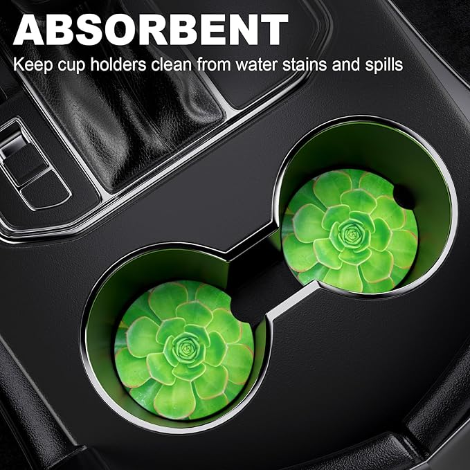 2 Pack Car Cup Holder Coaster, 2.63 inch Anti Slip Insert Absorbent Ceramic Car Coaster with Cork Base and Finger Notch, Cute Car Accessories Interior for Women, Cute Car Coasters., CH0025