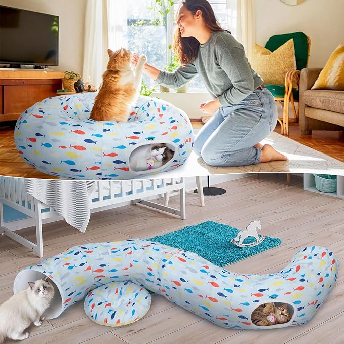 Ownpets Large Cat Tunnel Bed for Indoor Cats, Soft Plush Cat Donut Tunnel with Washable Cushion, Cute Peekaboo Cat Cave for Cat, Puppy, Rabbit, Blue