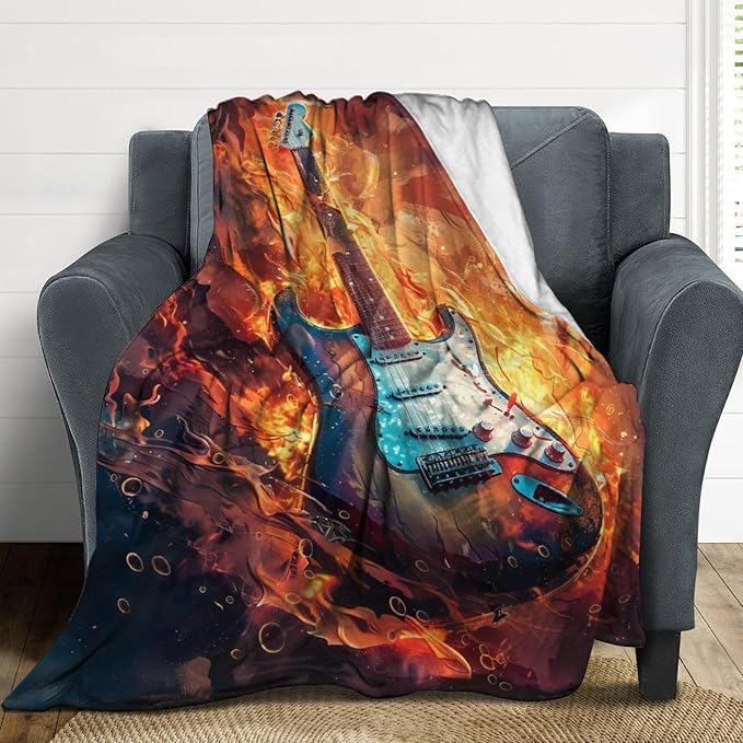 Electric Guitar Fire Print Blanket Music Musical Instruments Acoustic Rock Throw Blankets Gifts for Couch Sofa Bed Stuff Decor Lightweight Cozy Fleece Plush Flannel Bedding for Lover Men Women 40"x50"