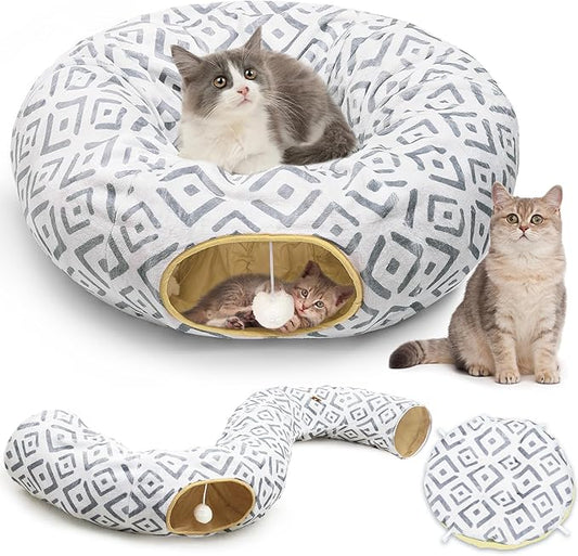 Cat Tunnel Bed, Bienbee Cat Tunnel 2 in1 S-Shape Foldable Cat Tunnels for Indoor Cats Large, Cat Tubes Peekaboo Cat Cave for Cats Guinea Pig Rabbit Grey Grid