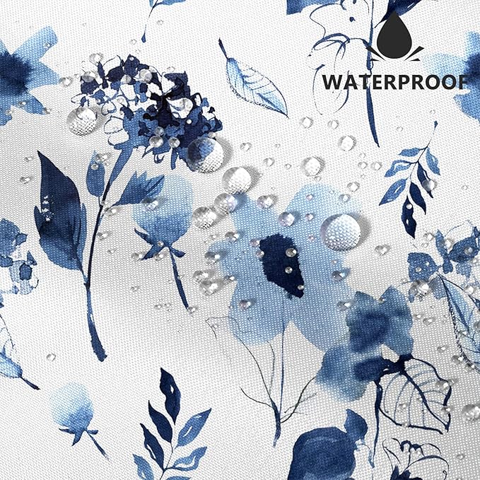 AWERT Blue Floral Watercolor Ink Flowers Shower Curtain With Hooks - Waterproof Fabric for Bathroom Decor 72x78inch