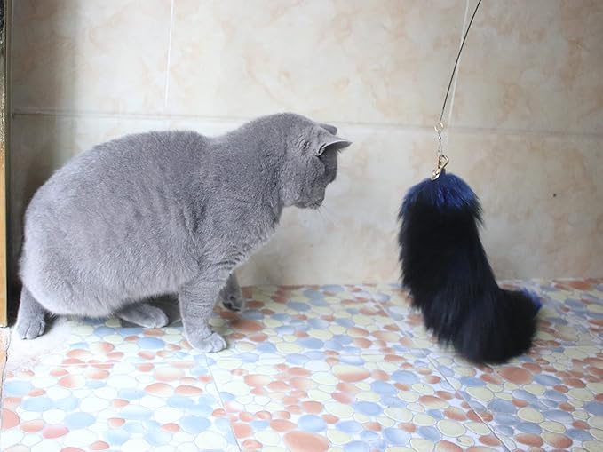 Fosrion Real Colored Yellow Silver Fox Tail Fur Hair Cat Bites Hunting Catching Accompanying Toy (Tanned Blue, Only Tail)