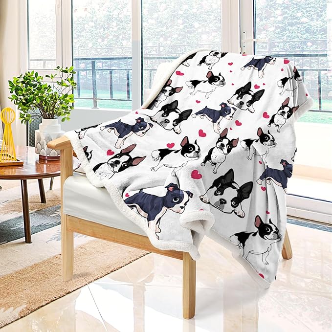 BlessLiving Boston Terrier & Frenchie Dog Plush Blanket - Red Heart Cute Puppy Dog Cozy Fleece Throw for Kids, Girls & Women - White - 50 x 60 Inch