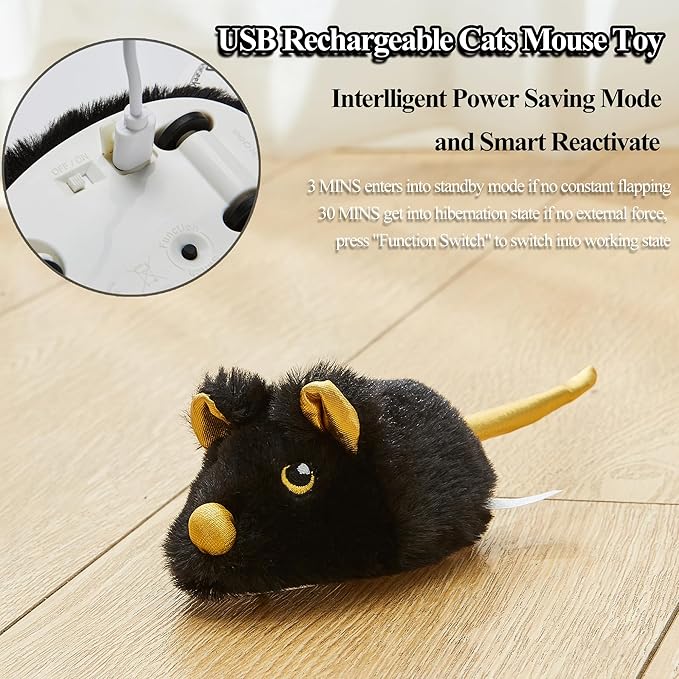 Vealind Cat Toys Rechargeable Mouse with Wagging Tail, Lifelike Squeak Chirping Electronic Mice for Indoor Cats, USB Touch Activated Kitten Toys (Black)