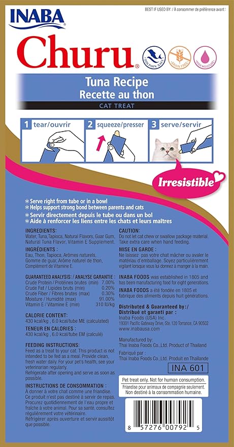 INABA Churu Lickable Purée Natural Cat Treats - Tuna Recipe (4 Servings per Package, 8 Packages) (32 Tubes)