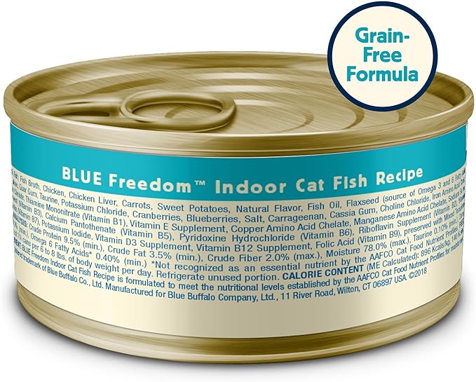 Blue Buffalo Freedom Grain-Free Adult Wet Cat Food, Complete & Balanced Nutrition for Indoor Cats, Made with Natural Ingredients, Fish Recipe, 5.5-oz Cans (24 Count)
