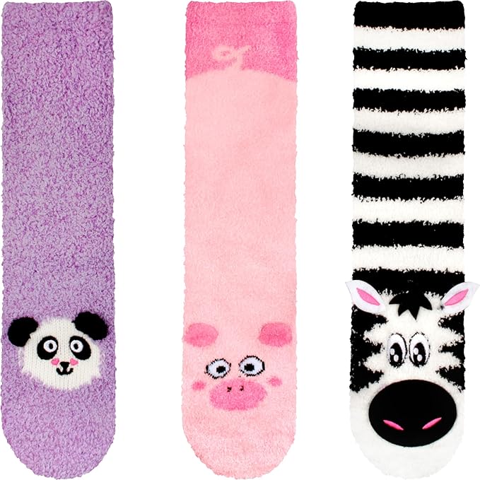 BambooMN Super Soft Warm Cute Animal Face Non-Slip Fuzzy Crew Winter Home Socks, Value Pack