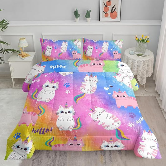 Axolotl Cat Bedding Full Cartoon Comforter Set, Rainbow Printed Kids & Adults Bedding Set, All Season, 1 Quilt 2 Pillow Cases, Colorful Pink Blue