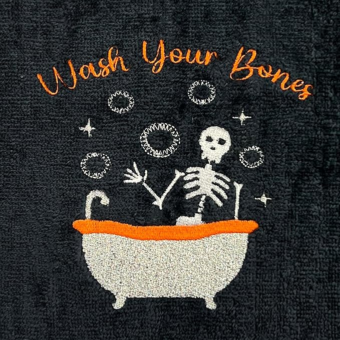 Halloween Bathroom Hand Towels, Embroidered Skeleton, Wash Your Bones Design, Set of 2, Black 16 x 25 inches