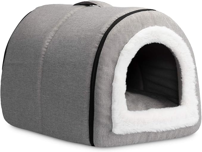 Hollypet Linen Cat Bed, Self-Warming 2 in 1 Foldable Cave House Animal Shape Nest Pet Sleeping Bed, Gray