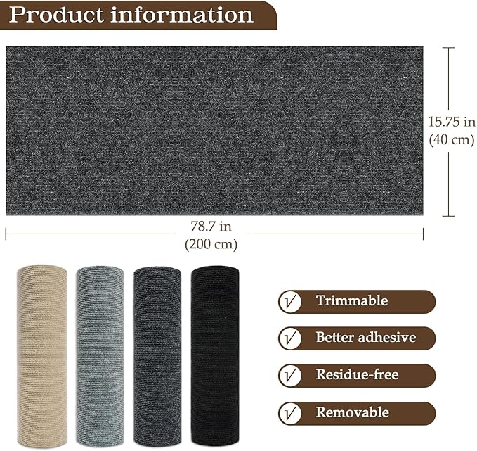 Cat Scratching Mat, 78.7"x15.7" Cat Carpet Self-Adhesive Carpet Mat Trimmable Replacement for Cat Tree, Cat Wall Scratcher, Cat Scratching Post, Shelf Shelves Couch Furniture DIY Protector, Dark Grey